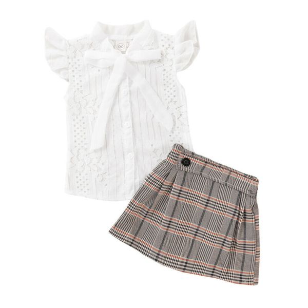 

малыш дети baby girl одежда комплект 2020 лето кружева бантом рябить рукав блузка топы пачка пледы мини юбка наряд костюм, White