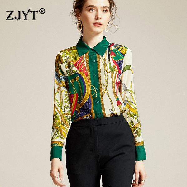 

2020 spring runway fashion 100% real silk blouses for women elegant long sleeve turn down collar abstract print shirts, White