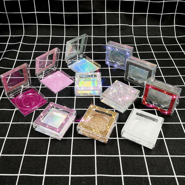 

wholesale bling eyelash packaging diamond glitter square false eyelashes packaging box empty eyelash box case fake eye lashes plastic boxes