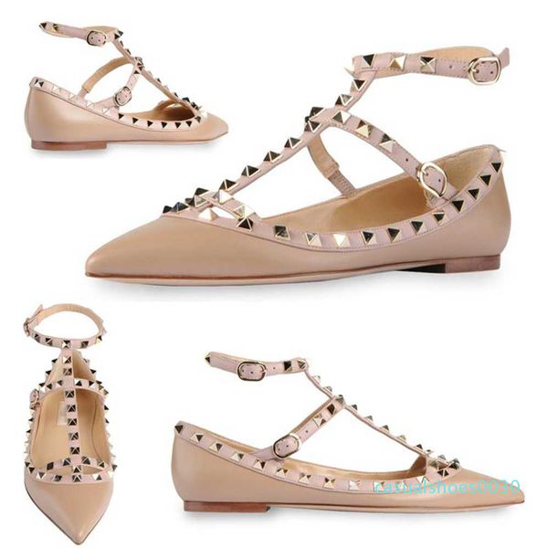 

designer brand classic pointed toe women shoes ankle straps dress shoes leather rivets sandals women studded strappy size 33-43 c30, Black