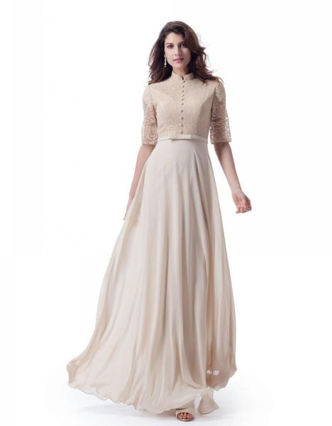 

champagne lace chiffon long modest bridesmaid dresses with high neck sheer sleeves a-line vintage formal wedding party dresses for modes, White;pink