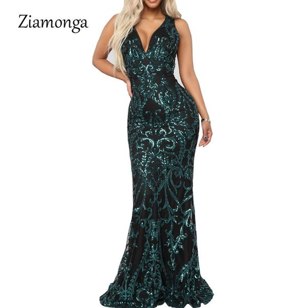 

ziamonga v neck mermaid long dresses female sequined floor length maxi dress party elegant black green gold 2019 summer vestidos, Black;gray
