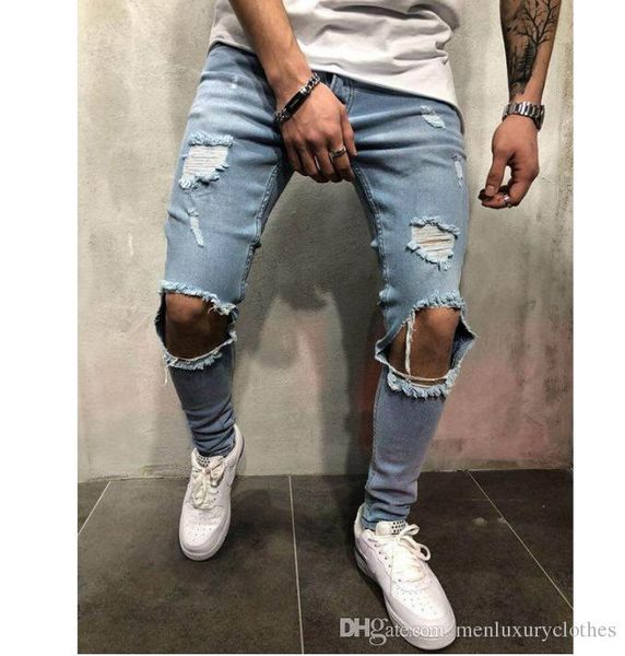 

колено дыры дизайнерские мужские джинсы брюки тонкий fit ripped байкер джинсы брюки мода повседневная мужская одежда, Blue