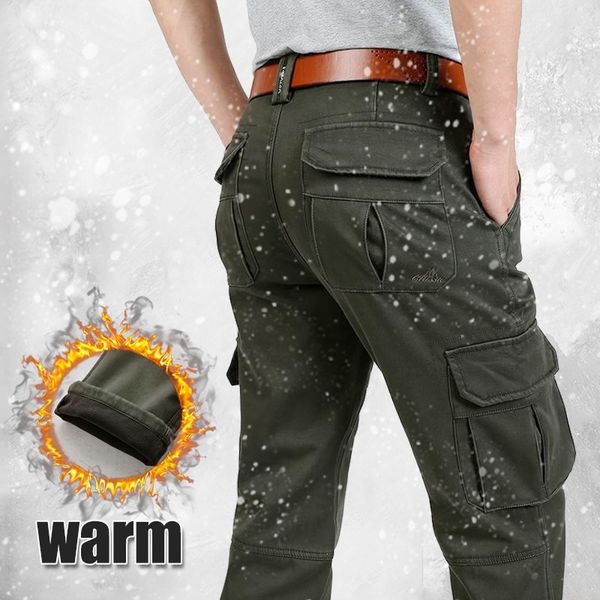 

winter warm cargo pants men thick casual long tactical pant with multi pockets male hip hop men's trousers fashion slim 2018 new, Black