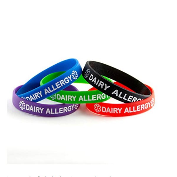 

1pc dairy allergy medical alert silicone id bracelet wristband black blue green red purple, Golden;silver