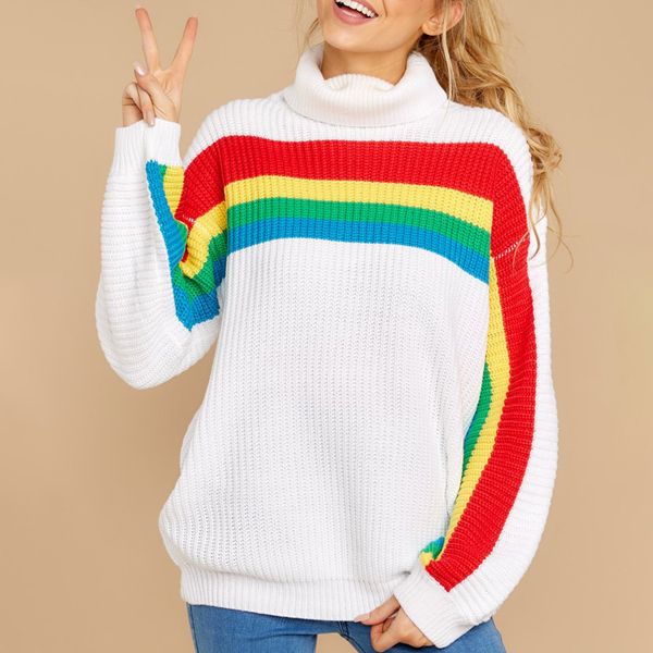 

women's knitted sweater winter striped rainbow turtleneck pullovers long sleeve sweater casual female jumper white sweaters, White;black