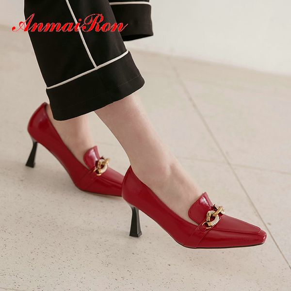 

anmairon square heel patent leather square toe 2020 elegant shoes woman pumps women shoes casual high heels ladies 34-43, Black