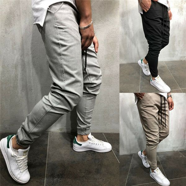 

casual mens sports long pants slim fit joggers jogging bottom fleece gym high waist skinny pant male pure color running trousers, Black