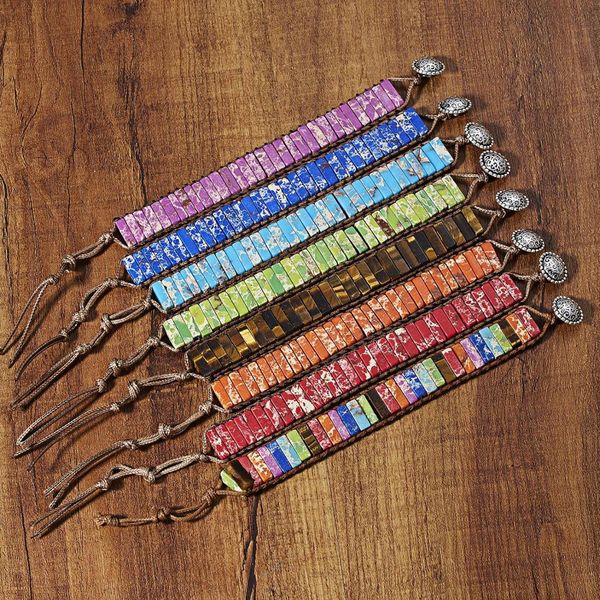 

chakra bracelet jewelry handmade multi color natural stone tube beads leather wrap couples bracelets creative gifts dropshipping, Golden;silver