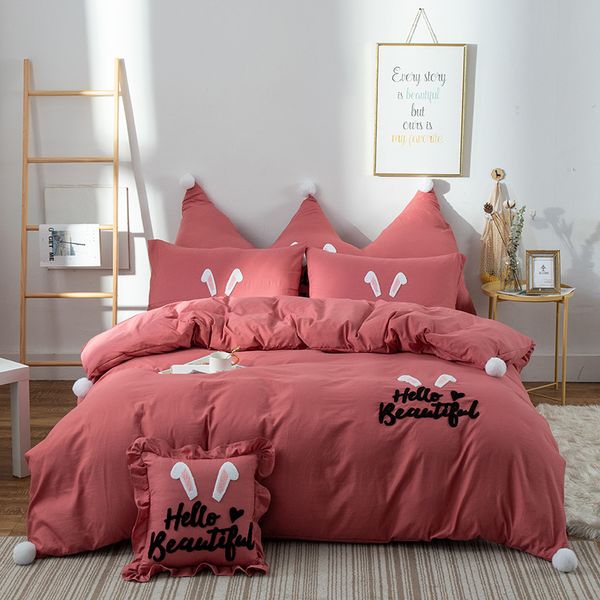 

washed cotton bedding 4pcs embroidered ears hello beautiful pattern bed sheets quilt cover kit comfortable breathable