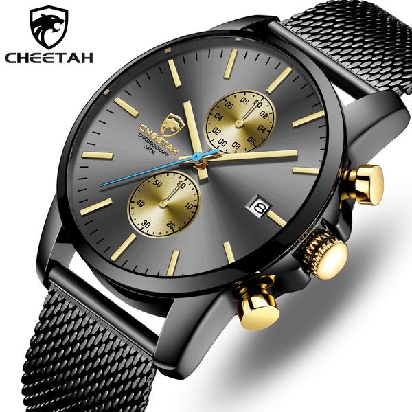 

cheetah men watch mens fashion quartz watches stainless steel waterproof chronograph clock relogio masculino, Slivery;brown