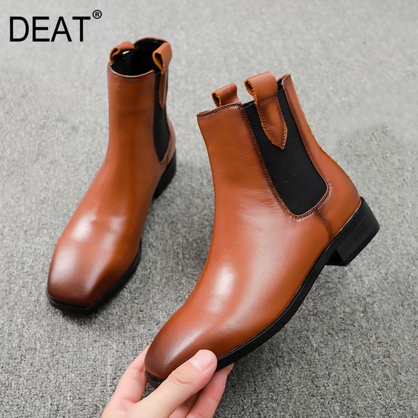 

deat] 2019 square toe elastic band pu leather velvet shoes women flat short boots new autumn winter fashion tide 10f128, Black