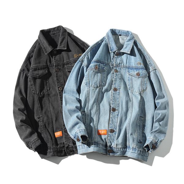 

autumn new street trend washed embroidered denim jacket male retro loose denim jacket, Black;brown