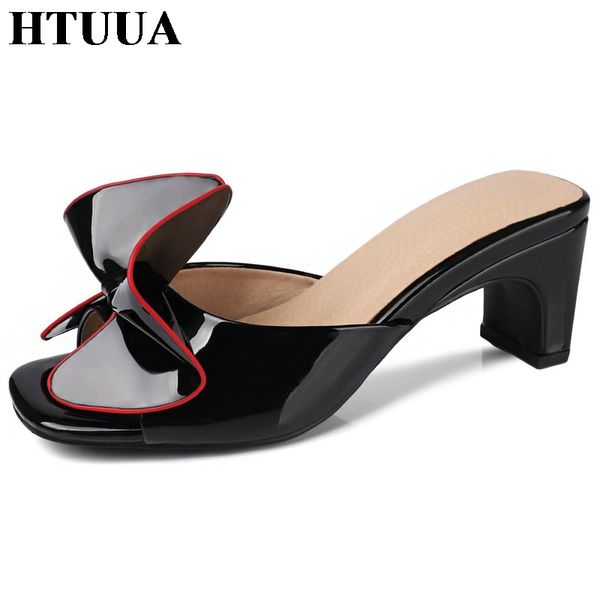 

htuua patent leather slippers women mules shoes summer slides bow high heel slip on peep toe sandals ladies flip flops sx2208, Black