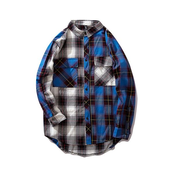 

#1421 plaid shirt men long sleeves spliced color long shirt letter printed streetwear hip hop shirts for men harajuku fashion, White;black
