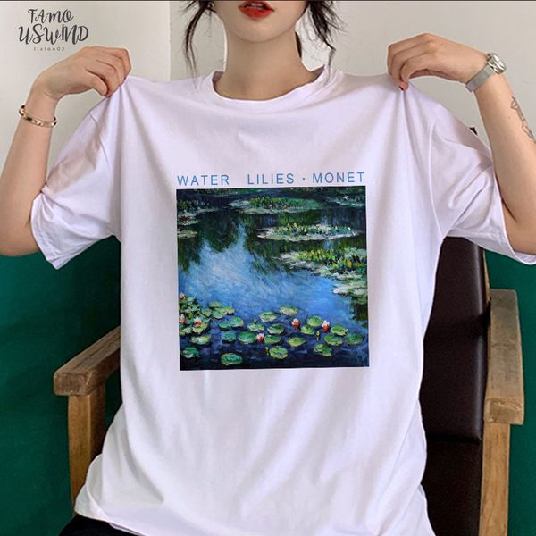 

water lilies funny print shirt female summer fashion large size loose cartoon oil painting harajuku cap sleeve o neck female t shirt, White