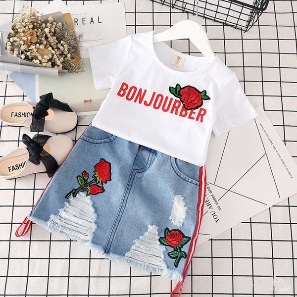 

baby girls clothes denim cotton dress newborn toddler princess dress cool red rose embroidery fashionable hole style 2019 newest, White