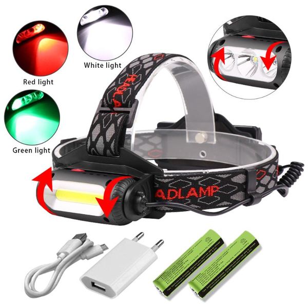 

mini cob led headlamp 8modes t6 red/ green /white light waterproof headlight head torch lantern outdoor camping night