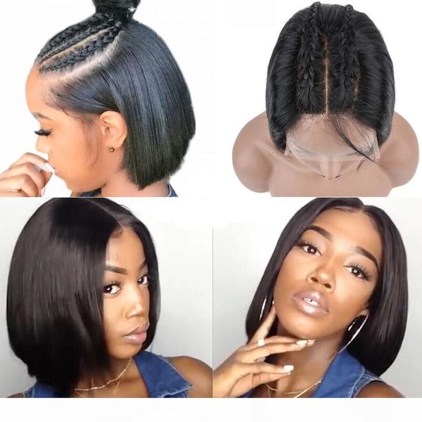 

short human hair wig for black women virgin brazilian straight hair preplucked lacefront human hair short bob wigs bleached knots, Black;brown