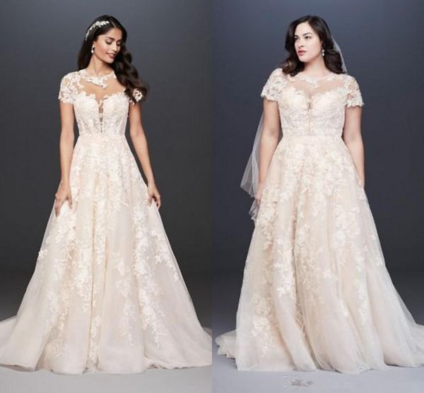 

oleg cassini plus size wedding dresses short sleeve jewel neck princess garden country wedding dress bridal gown, White