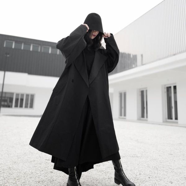 

women japan vintage plus size casual long big lapel black trench jacket coat female streetwear punk gothic sashes windbreaker, Tan;black