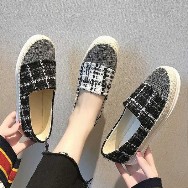 

women flat walking shoes ladies loafers round toe plaid print canvas female shallow single shoes gilrs outdoor driving footwear, Black