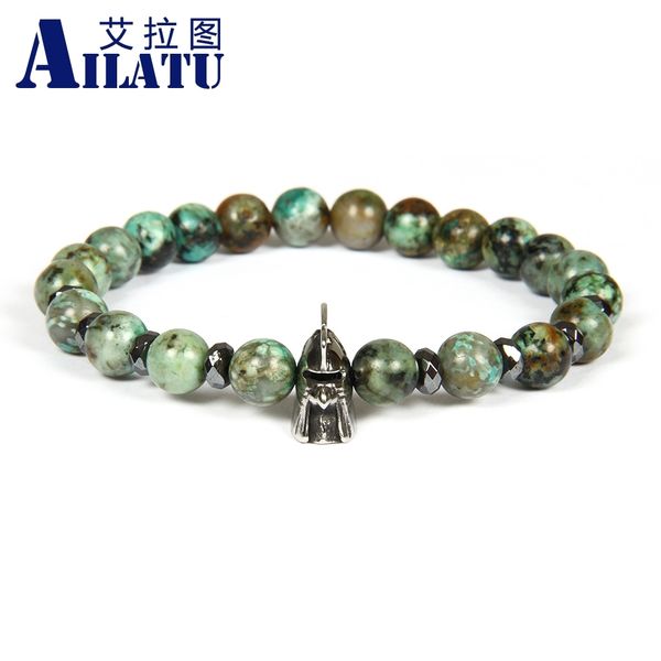 

ailatu jewelry wholesale 8mm natural african and flash stone beads with vintage stainless steel helmet spartan bracelet gift, Golden;silver