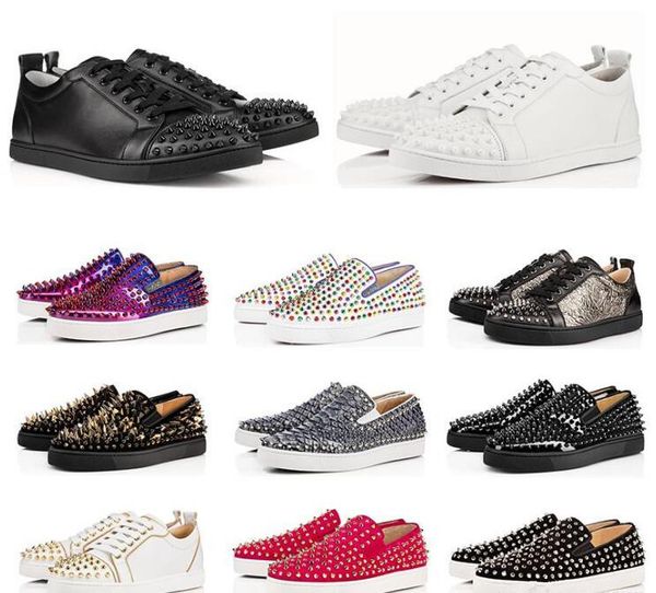 

fashion designer low cut studded spikes flats shoes mens sandals red bottom shoes for men and women party lovers genuine leather sneakers, Black