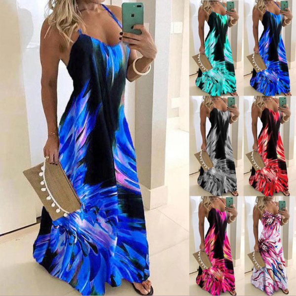 

women summer v neck print long dress spaghetti strap loose party dress plus size boho beach casual dresses plus size 5xl, Black;gray