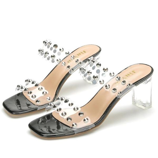 

sarairis squae toe pvc transparent rivet cool slippers women outdoor summer slipppers ladies shoes, Black