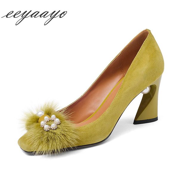 

2020 new genuine leather women pumps high heels square toe pearl hair fashion women sheepskin shoes yellow high heels, Black