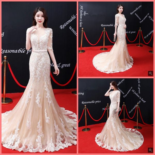 

vestido de festa mermaid white champagne lace appliques wedding dress half sleeve modest muslim women scoop neck bride dress selling
