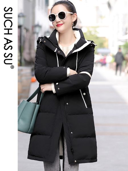 

new 4 color long down jacket women windproof winter hooded warm white duck down jacket coat female parka drawstring outerwear, Black