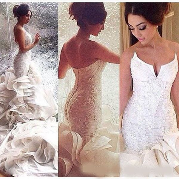 

romantic mermaid wedding dresses lace up organza chapel train lace applique bridal gowns custom made plus size, White