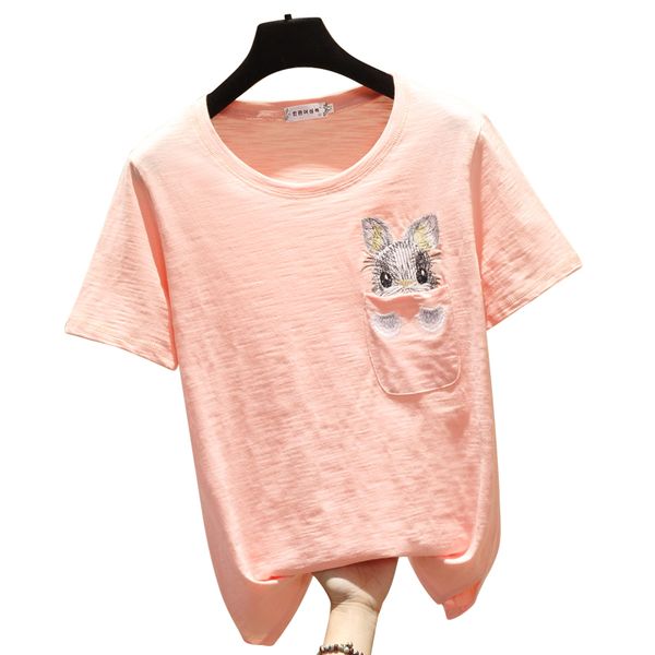 

summer 2020 women t-shirt harajuku loose bamboo pure cotton short sleeve casual round neck embroidery pocket tees, White