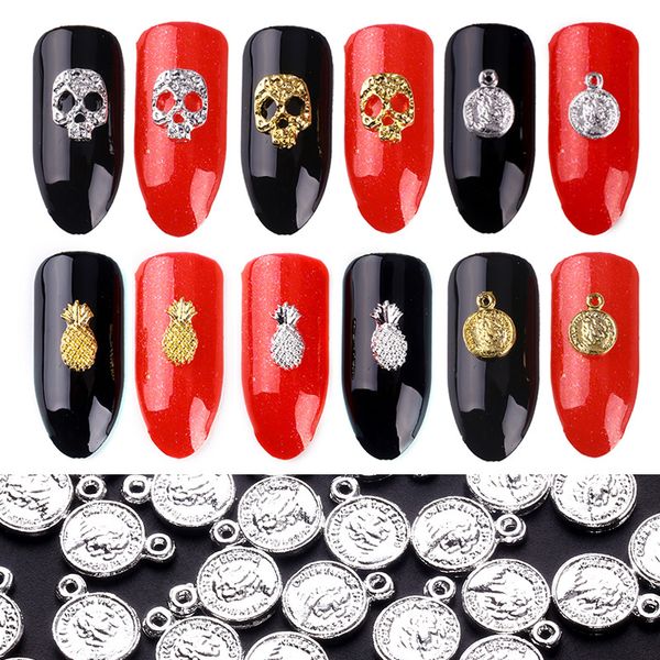 

blueness 100pcs/lot 3d metal copper skull design gold silver manicure accessories rhinestones gem studs nails art decorations, Silver;gold