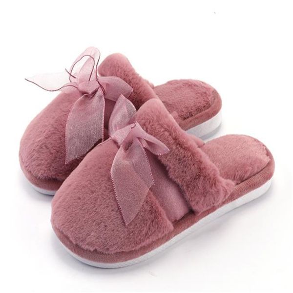

autumn and winter new cotton slippers men and women warm thick non-slip fur tow bow tie couple home floor shoes cute home, Black