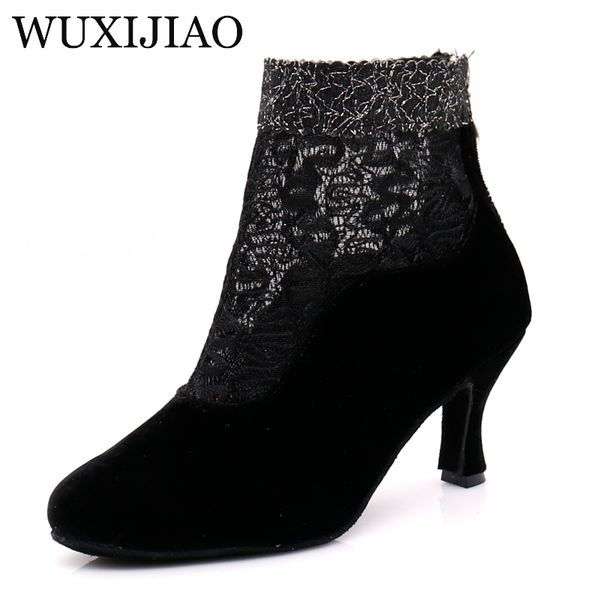 

wuxijiao women's ballroom latin dance shoes black suede net flash salsa tango bachata dance shoes satin heel 7.5cm