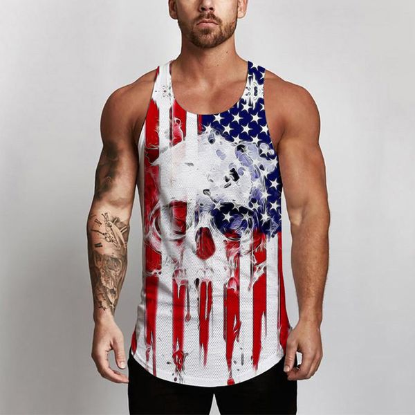

men' sleeveless independence day printing mesh breathable bodybuilding sport vest, White;black