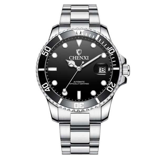 

chenxi stainless steel wristwatches mechanical automatic male watches 001 stainless steel strap auto date blue green bezel high quality, Slivery;brown