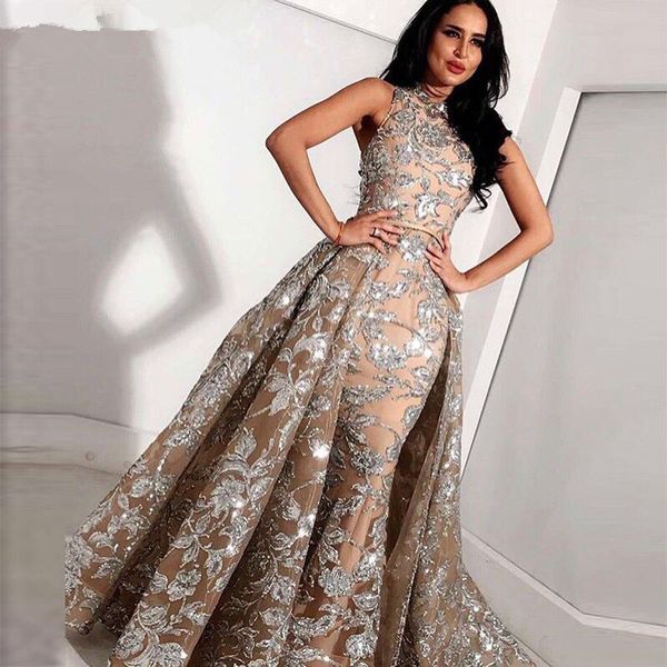 

long grey champagne lace mermaid high neck arabic prom dresses kaftan dubai formal evening gowns with detachable skirt, Black