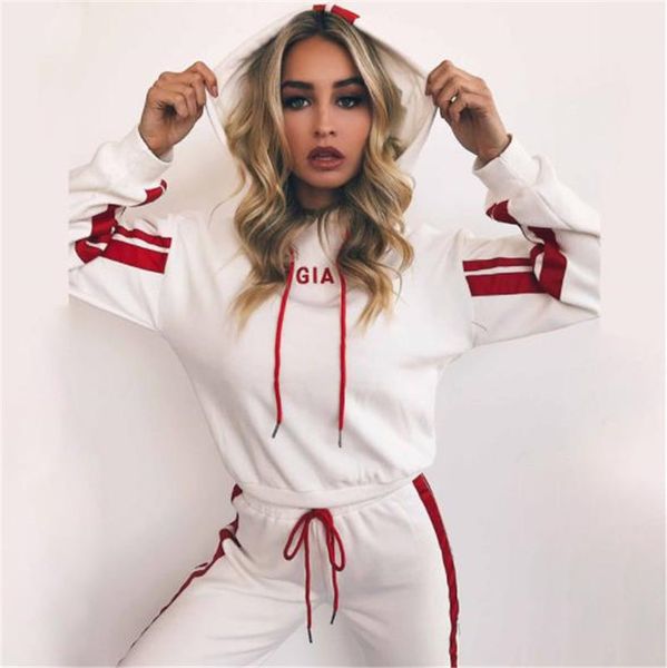 

Solid Color Womens Tracksuit Sport Hooded Stripe Printed Women Two Piece Outfits Casual Women Lace up Clothes
