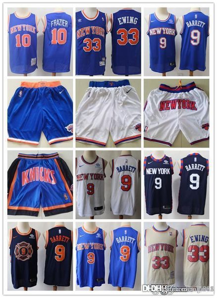 

mens new york knicks #33 patrick ewing 10 walt frazier 9 r.j. barrett basketball shorts basketball jerseys black blue city edition, Black;red