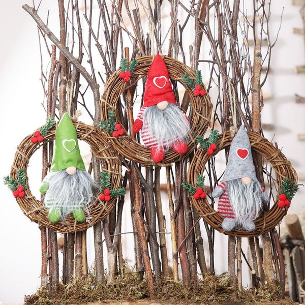 

christmas wreath pendants with plush gnome doll artificial rattan hanging garlands ornaments decorations decoracion navidad