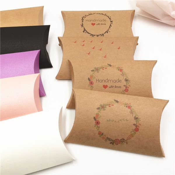 

24pcs/lot flower wild handmade love pattern kraft paper pillow boxes for joyful party cake gifts cardboard container boxes