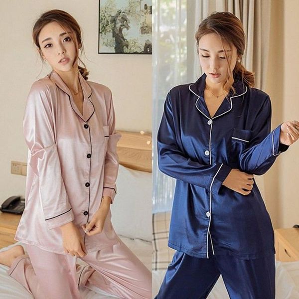 

women ladies long sleeve satin sleepwear pajama sets nightwear casual autumn homewear pajamas set, Blue;gray