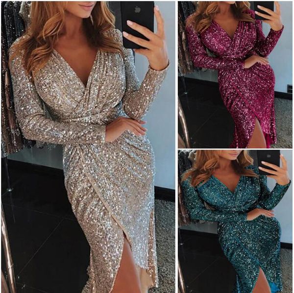 

women sequin v neck shinny slit dress casual short sleeve elegant boho fashion bodycon evening ladies midi dresses, Black;gray