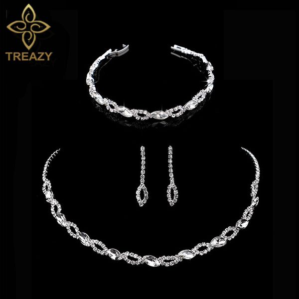 

treazy simple crystal bridal jewelry sets silver color leaf design necklace earrings bracelet wedding jewelry sets for women, Slivery;golden