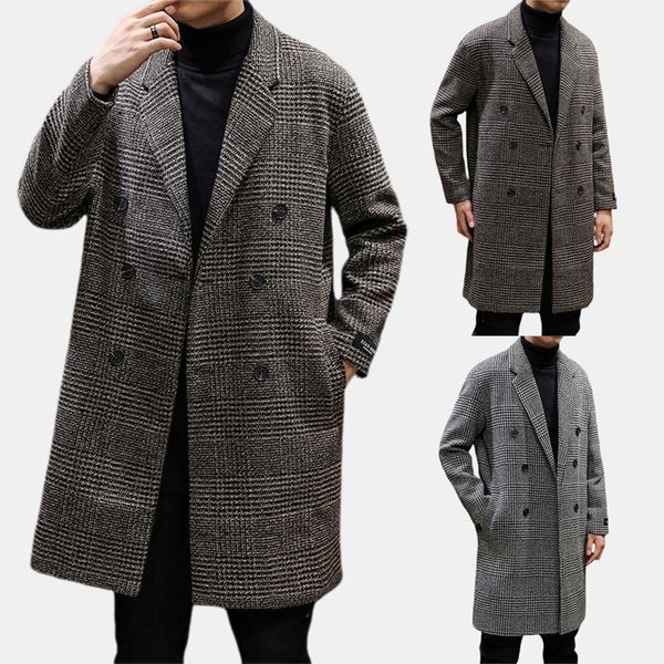 

autumn winter mens plaid print jacket male overcoat casual slim collar pocket coats long woolen trench coat streetwear cfws, Tan;black