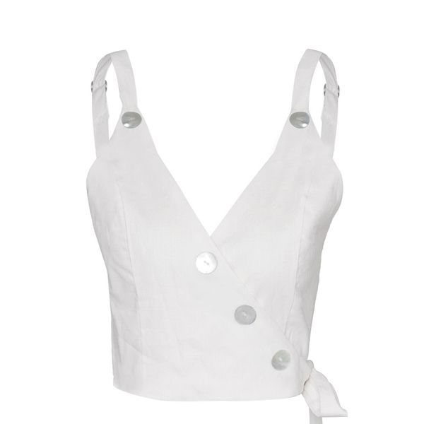 

summer women vest sleeveless solid button vest sling strap button v-neck tube casual, White
